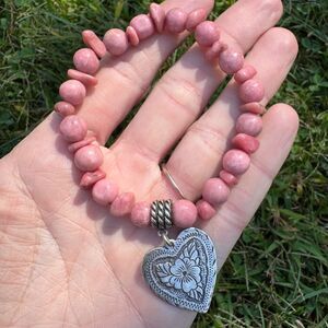 Carolyn Pollack Relios 925 Sterling Silver Pink Rhodonite Heart Charm Bracelet